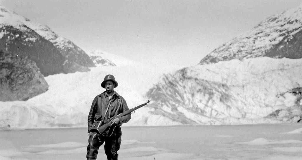 Photo courtesy of the Nutter Family Collection
This photograph shows hunter/trapper Warren Melville Nutter near the lake at the foot of what was almost certainly Skilak Glacier, circa late 1930s.