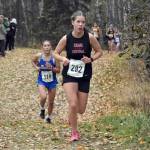 Kenai Centrals Teresa Fallon competes in the Division II girls race at the state cross-country running meet on Saturday, Oct. 5, 2024, at Bartlett High School in Anchorage, Alaska. (Photo by Jeff Helminiak/Peninsula Clarion)