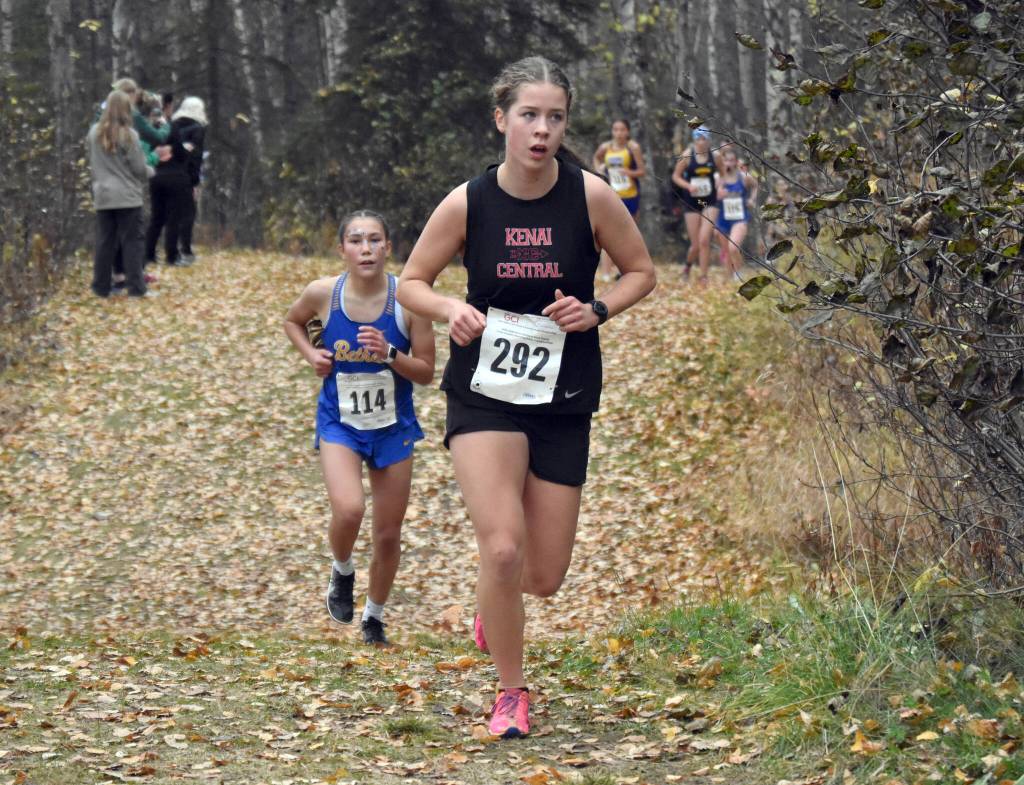 Kenai Centrals Teresa Fallon competes in the Division II girls race at the state cross-country running meet on Saturday, Oct. 5, 2024, at Bartlett High School in Anchorage, Alaska. (Photo by Jeff Helminiak/Peninsula Clarion)