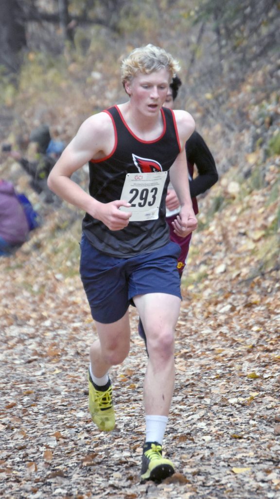 Kenai Centrals Chase Laker competes in the Division II boys race at the state cross-country running meet on Saturday, Oct. 5, 2024, at Bartlett High School in Anchorage, Alaska. (Photo by Jeff Helminiak/Peninsula Clarion)