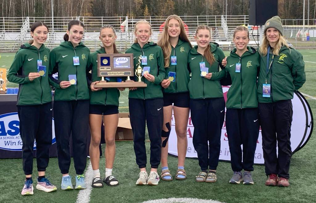 The Seward girls won the Division II team title at the state cross-country running meet on Saturday, Oct. 5, 2024, at Bartlett High School in Anchorage, Alaska. (Photo by Jeff Helminiak/Peninsula Clarion)