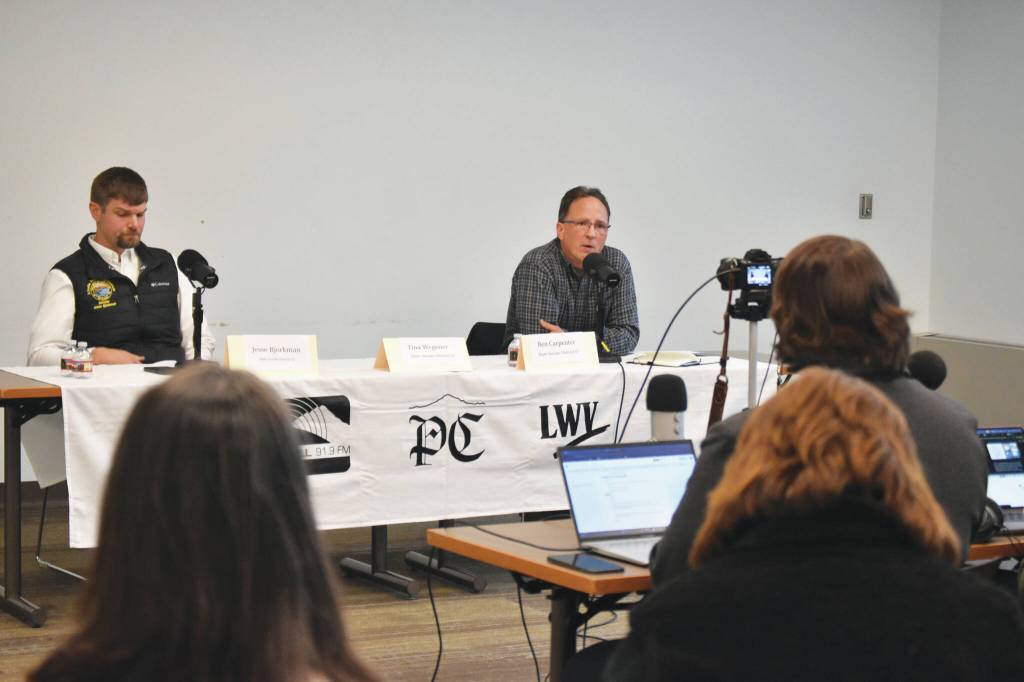 Photo by Erin Thompson/Peninsula Clarion
Alaska State Sen. Jesse Bjorkman (R-Nikiski), left, and Alaska House Rep. Ben Carpenter (R-Nikiski) participate in the Senate District D candidate forum hosted by the Peninsula Clarion and KDLL 91.9 FM on Monday at the Soldotna Public Library.