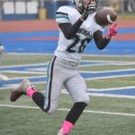 Nikiskis Wyatt Maguire hauls in a touchdown pass Friday, Oct. 11, 2024, at Justin Maile Field in Soldotna, Alaska. (Photo by Jeff Helminiak/Peninsula Clarion)