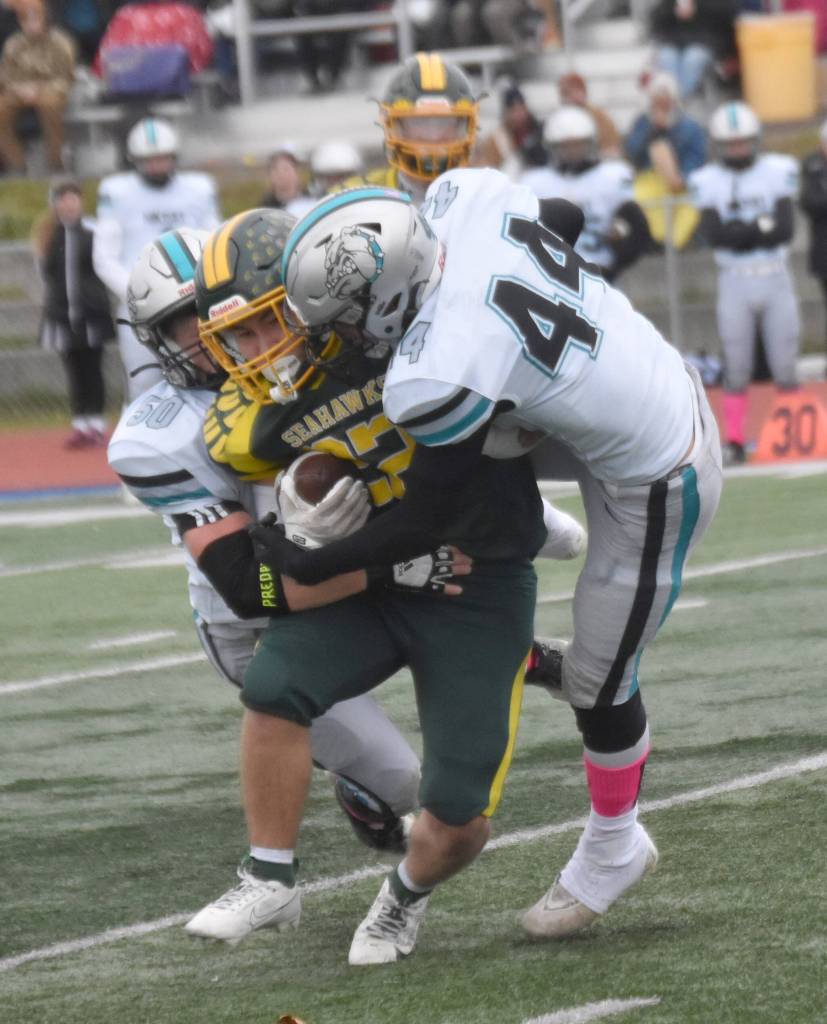 Nikiskis Jackson Wittmer and Trigger McCaughey bring down Sewards Noah Price on Friday, Oct. 11, 2024, at Justin Maile Field in Soldotna, Alaska. (Photo by Jeff Helminiak/Peninsula Clarion)
