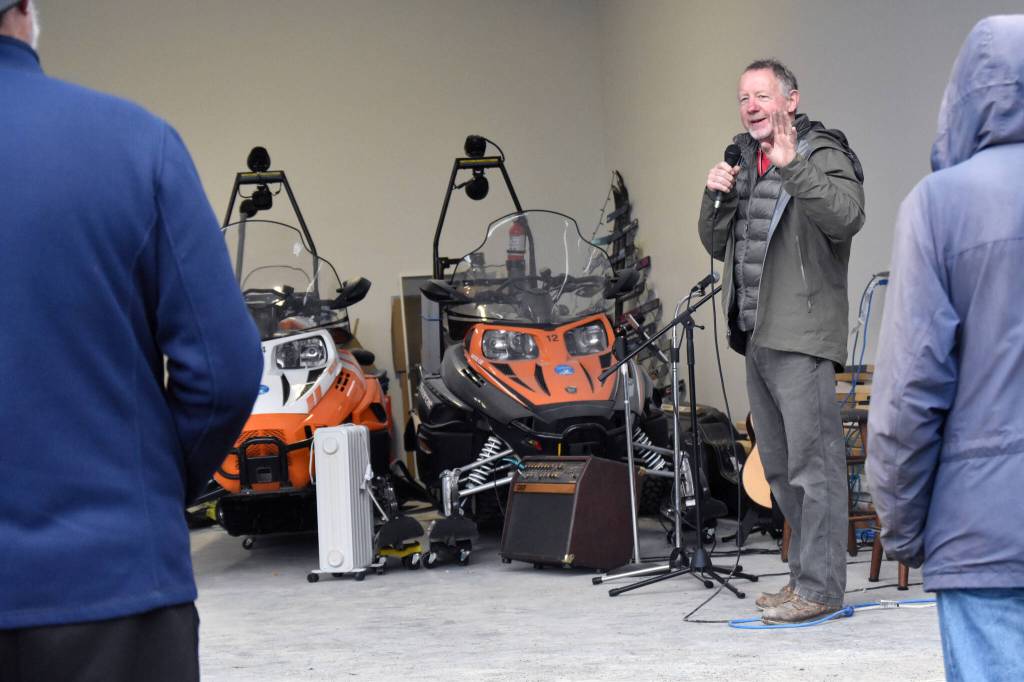 Tom Seggerman, maintenance manager for the Tsalteshi Trails Association, speaks at a winter kick-off and open house event to celebrate a new trail system maintenance shed Saturday, Oct. 12, 2024, just outside of Soldotna, Alaska. (Photo by Jeff Helminiak/Peninsula Clarion)