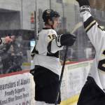 Luke Lizak of the Kenai River Brown Bears celebrates his goal Saturday, Oct. 12, 2024, at the Soldotna Regional Sports Complex in Soldotna, Alaska. (Photo by Jeff Helminiak/Peninsula Clarion)