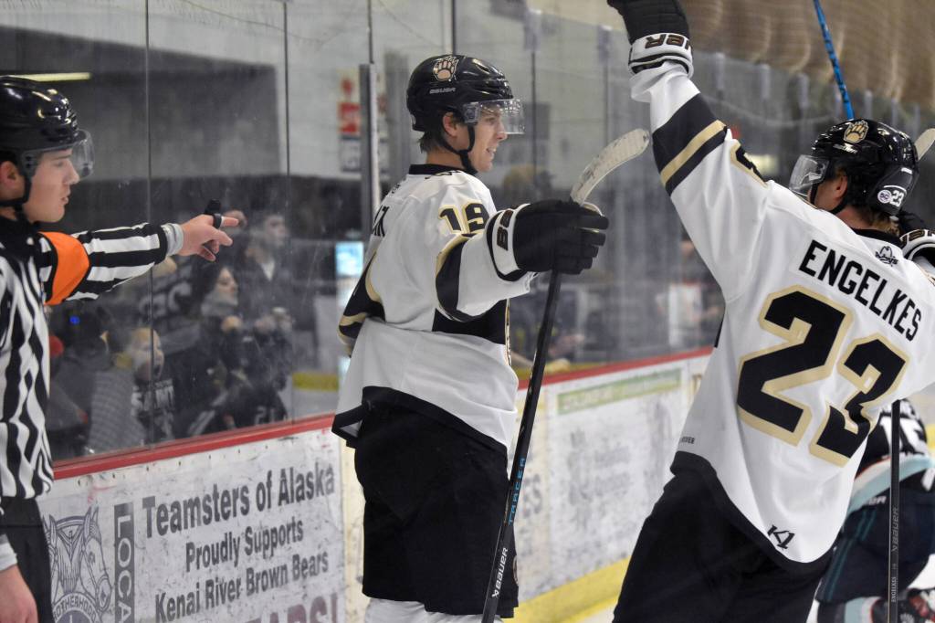 Luke Lizak of the Kenai River Brown Bears celebrates his goal Saturday, Oct. 12, 2024, at the Soldotna Regional Sports Complex in Soldotna, Alaska. (Photo by Jeff Helminiak/Peninsula Clarion)
