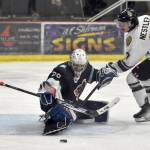 Anchorage Wolverines goalie Roberto Leonardo Henriquez makes a save on Colten Nestler of the Kenai River Brown Bears on Saturday, Oct. 12, 2024, at the Soldotna Regional Sports Complex in Soldotna, Alaska. (Photo by Jeff Helminiak/Peninsula Clarion)