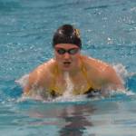 Homers Cassidy Carroll competes in the 100-yard individual medley in the SoHi Pentathlon on Friday, Oct. 11, 2024, at Soldotna High School in Soldotna, Alaska. (Photo by Jeff Helminiak/Peninsula Clarion)