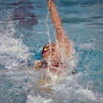 Kenai Centrals Emma Castimore competes in the 100-yard individual medley in the SoHi Pentathlon on Friday, Oct. 11, 2024, at Soldotna High School in Soldotna, Alaska. (Photo by Jeff Helminiak/Peninsula Clarion)