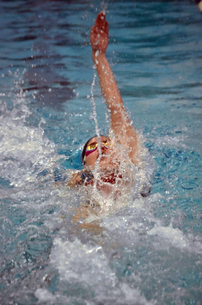 Kenai Centrals Emma Castimore competes in the 100-yard individual medley in the SoHi Pentathlon on Friday, Oct. 11, 2024, at Soldotna High School in Soldotna, Alaska. (Photo by Jeff Helminiak/Peninsula Clarion)