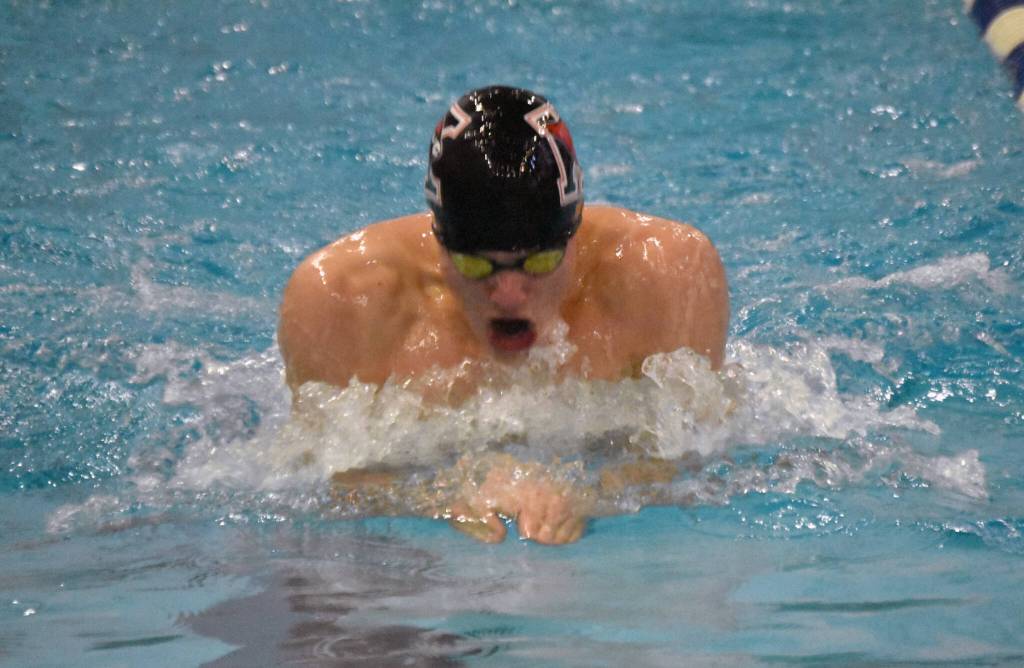 Kenai Centrals David Price competes in the 100-yard individual medley in the SoHi Pentathlon on Friday, Oct. 11, 2024, at Soldotna High School in Soldotna, Alaska. (Photo by Jeff Helminiak/Peninsula Clarion)