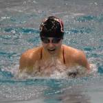 Kenai Central's Sierra Hershberger competes in the 100-yard individual medley in the SoHi Pentathlon on Friday, Oct. 11, 2024, at Soldotna High School in Soldotna, Alaska. (Photo by Jeff Helminiak/Peninsula Clarion)