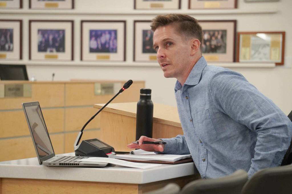 Kyle McFall, education director for the Kenaitze Indian Tribe, speaks during a meeting of the Kenai Peninsula Borough School District Board of Educations Charter School Oversight Committee in Soldotna, Alaska, on Monday, Oct. 14, 2024. (Jake Dye/Peninsula Clarion)