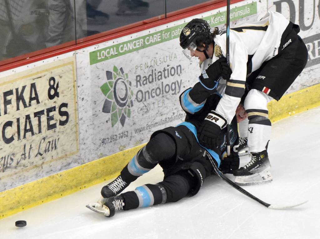Colten Nestler of the Kenai River Brown Bears and Cashen Naeve of the Wisconsin Windigo battle for the puck Friday, Oct. 18, 2024, at the Soldotna Regional Sports Complex in Soldotna, Alaska. (Photo by Jeff Helminiak/Peninsula Clarion)