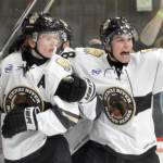 Jackson Ebbott of the Kenai River Brown Bears celebrates his goal with Oliver Langland on Friday, Oct. 18, 2024, at the Soldotna Regional Sports Complex in Soldotna, Alaska. (Photo by Jeff Helminiak/Peninsula Clarion)
