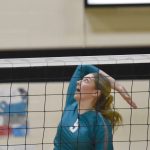Nikiskis Ashlynne Playle attacks against Kenai Central on Tuesday, Oct. 22, 2024, at Nikiski Middle-High School in Nikiski, Alaska. (Photo by Jeff Helminiak/Peninsula Clarion)