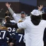 Soldotna head coach Galen Brantley Jr. celebrates Saturday, Oct. 26, 2024, at the First National Bowl Division II title game at Pride Field at Colony High School in Palmer, Alaska. (Photo by Jeff Helminiak/Peninsula Clarion)