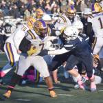 Lathrops Oschaun Easaw runs against Soldotnas Dax Walden on Saturday, Oct. 26, 2024, at the First National Bowl Division II title game at Pride Field at Colony High School in Palmer, Alaska. (Photo by Jeff Helminiak/Peninsula Clarion)