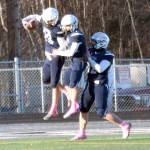 Soldotnas Wyatt Faircloth celebrates his touchdown with Owen Buckbee and Dalton Armstrong on Saturday, Oct. 26, 2024, at the First National Bowl Division II title game at Pride Field at Colony High School in Palmer, Alaska. (Photo by Jeff Helminiak/Peninsula Clarion)