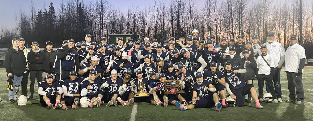 Soldotna celebrates Saturday, Oct. 26, 2024, at the First National Bowl Division II title game at Pride Field at Colony High School in Palmer, Alaska. (Photo by Jeff Helminiak/Peninsula Clarion)