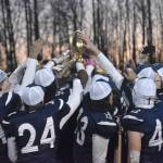 Soldotna celebrates with the trophy Saturday, Oct. 26, 2024, at the First National Bowl Division II title game at Pride Field at Colony High School in Palmer, Alaska. (Photo by Jeff Helminiak/Peninsula Clarion)