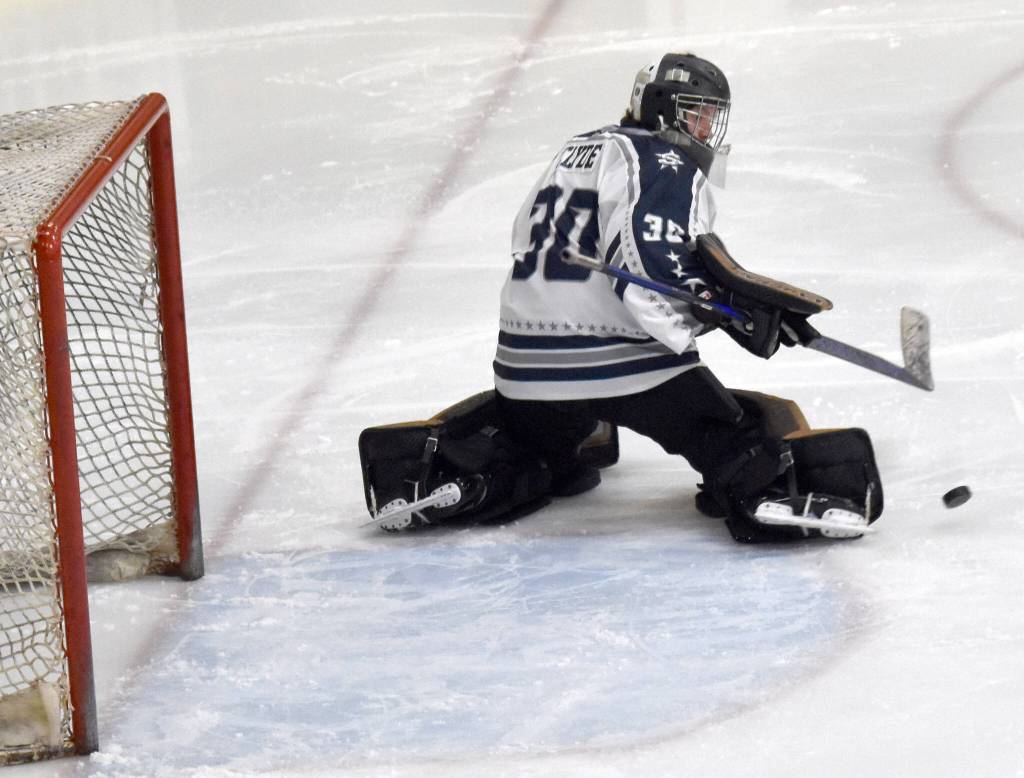 Soldotna goalie Brycen Clyde makes a save against Colony on Thursday, Oct. 31, 2024, at the Soldotna Regional Sports Complex in Soldotna, Alaska. (Photo by Jonas Oyoumick/For the Clarion)