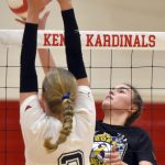 Kenai Central's Stella Selanoff attacks against Soldotna's Sarah Brown on Friday, Nov. 1, 2024, at Kenai Central High School in Kenai, Alaska. (Photo by Jeff Helminiak/Peninsula Clarion)