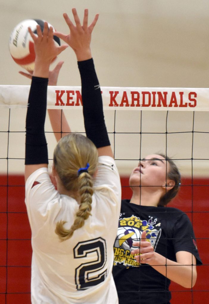 Kenai Central's Stella Selanoff attacks against Soldotna's Sarah Brown on Friday, Nov. 1, 2024, at Kenai Central High School in Kenai, Alaska. (Photo by Jeff Helminiak/Peninsula Clarion)