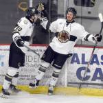 Jack Clarke (right) of the Kenai River Brown Bears celebrates his goal with Michael Fiedorczuk on Saturday, Nov. 2, 2024, at the Soldotna Regional Sports Complex in Soldotna, Alaska. (Photo by Jeff Helminiak/Peninsula Clarion)