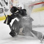 Minnesota Wilderness goalie Niklas Erickson makes a save Saturday, Nov. 2, 2024, at the Soldotna Regional Sports Complex in Soldotna, Alaska. (Photo by Jeff Helminiak/Peninsula Clarion)