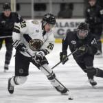 Dario Lass of the Kenai River Brown Bears keeps the puck from Nate Murray of the Minnesota Wilderness on Saturday, Nov. 2, 2024, at the Soldotna Regional Sports Complex in Soldotna, Alaska. (Photo by Jeff Helminiak/Peninsula Clarion)