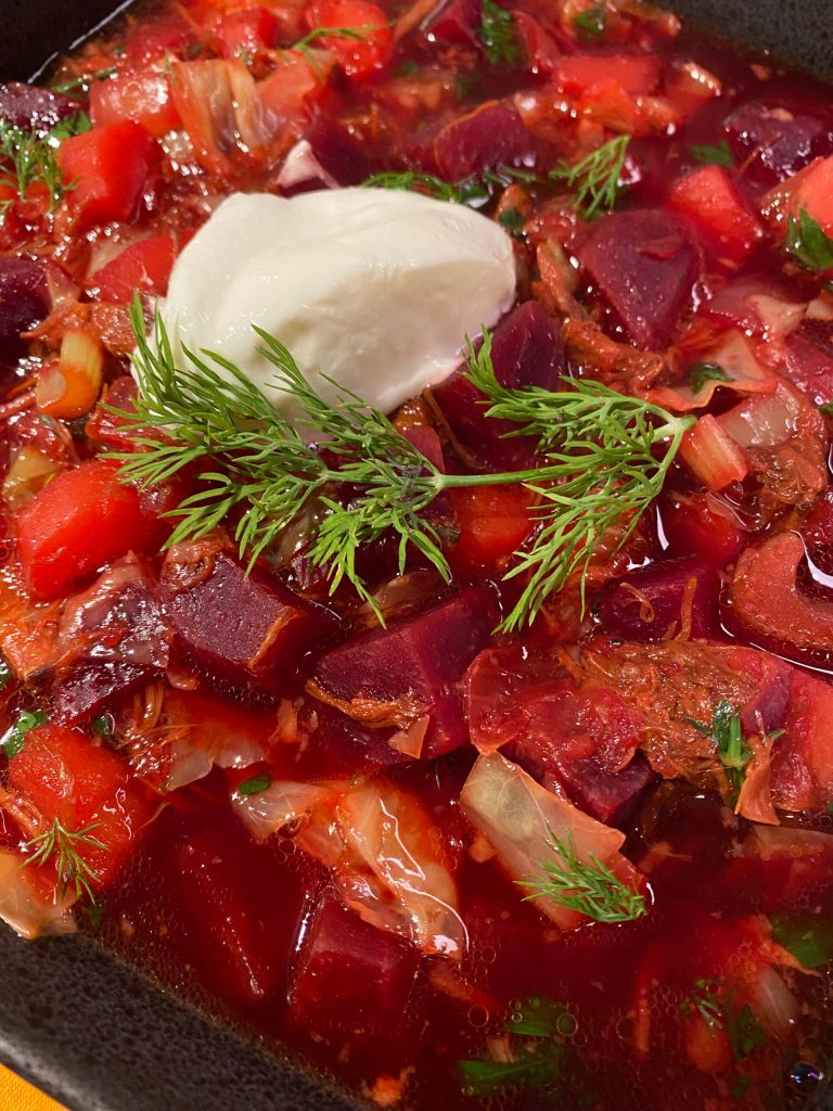 This slow-simmered ox tail broth makes this otherwise simple borscht recipe quite luxurious. (Photo by Tressa Dale/Peninsula Clarion)
