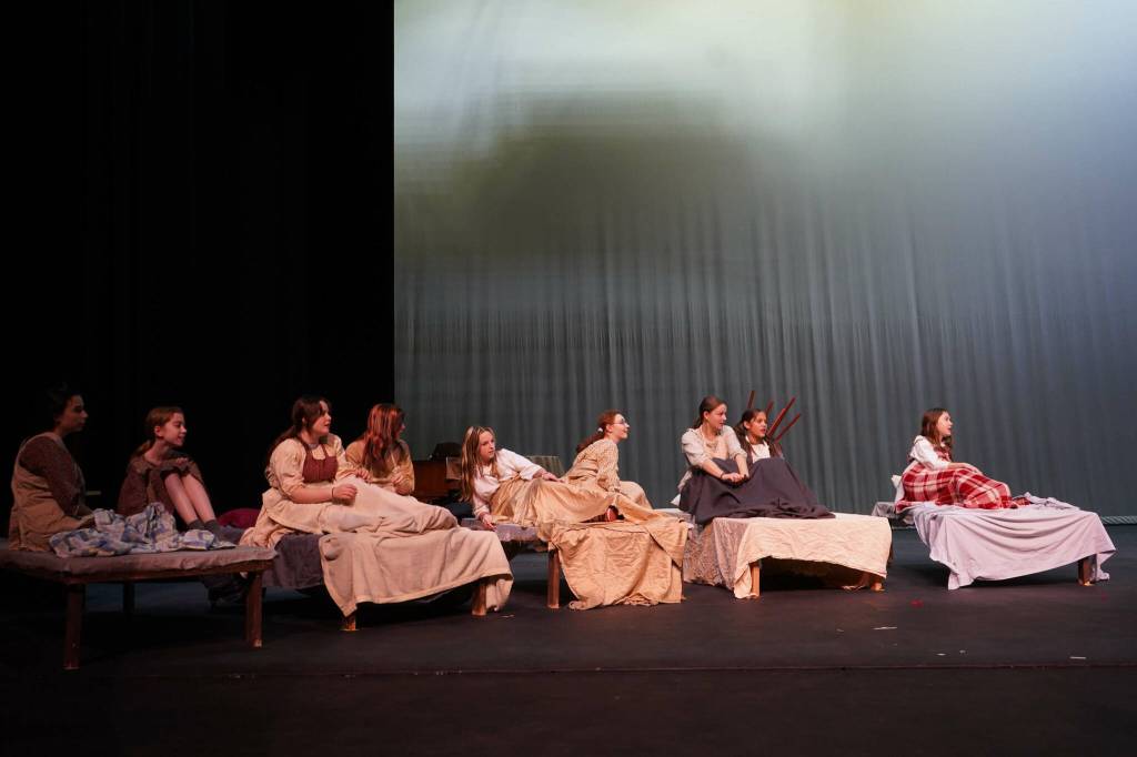 The cast of Annie rehearse at Kenai Central High School in Kenai, Alaska, on Wednesday, Nov. 6, 2024. (Jake Dye/Peninsula Clarion)