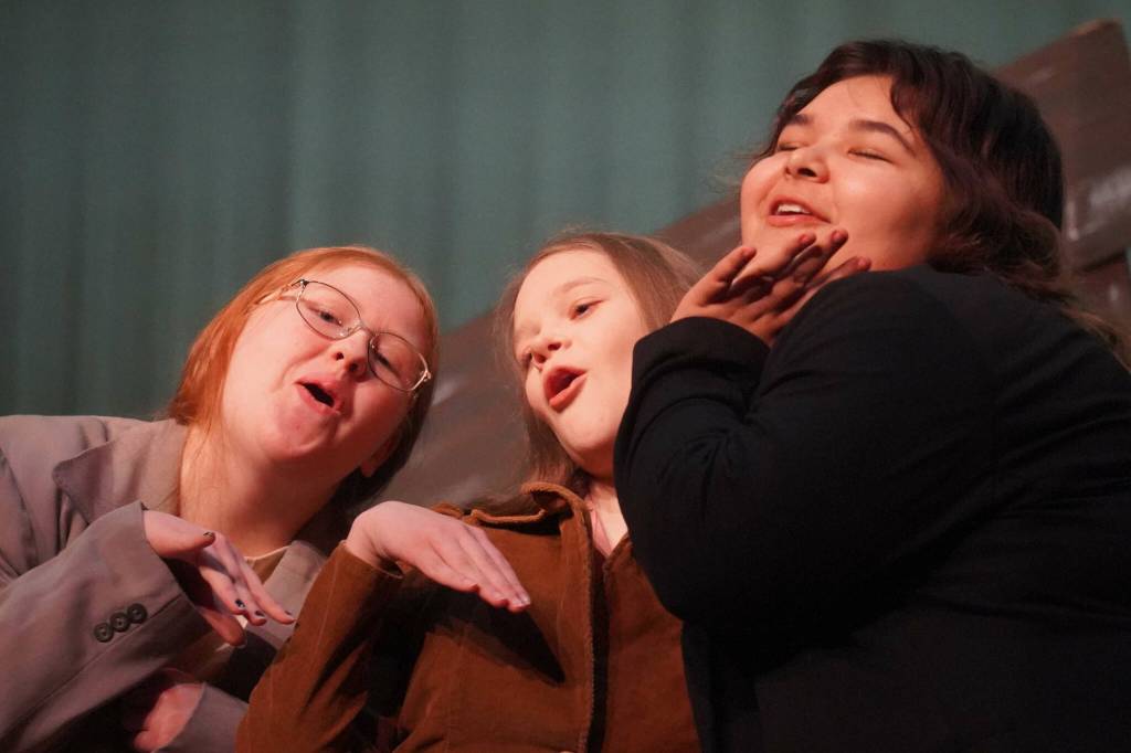 The cast of Annie rehearse at Kenai Central High School in Kenai, Alaska, on Wednesday, Nov. 6, 2024. (Jake Dye/Peninsula Clarion)