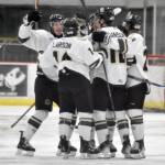 The Kenai River Brown Bears celebrate Joel Hanson's goal Thursday, Nov. 7, 2024, at the Soldotna Regional Sports Complex in Soldotna, Alaska. (Photo by Jeff Helminiak/Peninsula Clarion)