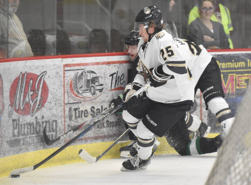 Kenai River Brown Bears defenseman John Ross takes the puck while Kenai River's Luke Hause pushes Jacob Ligi of the Chippewa (Wisconsin) Steel up against the boards Thursday, Nov. 7, 2024, at the Soldotna Regional Sports Complex in Soldotna, Alaska. (Photo by Jeff Helminiak/Peninsula Clarion)