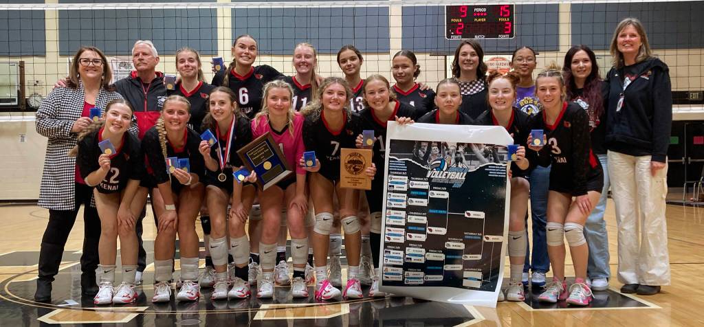 Kenai took first at the Southcentral Conference volleyball tournament at Nikiski Middle-High School in Nikiski, Alaska, on Saturday, Nov. 9, 2024. (Photo by Jeff Helminiak/Peninsula Clarion)