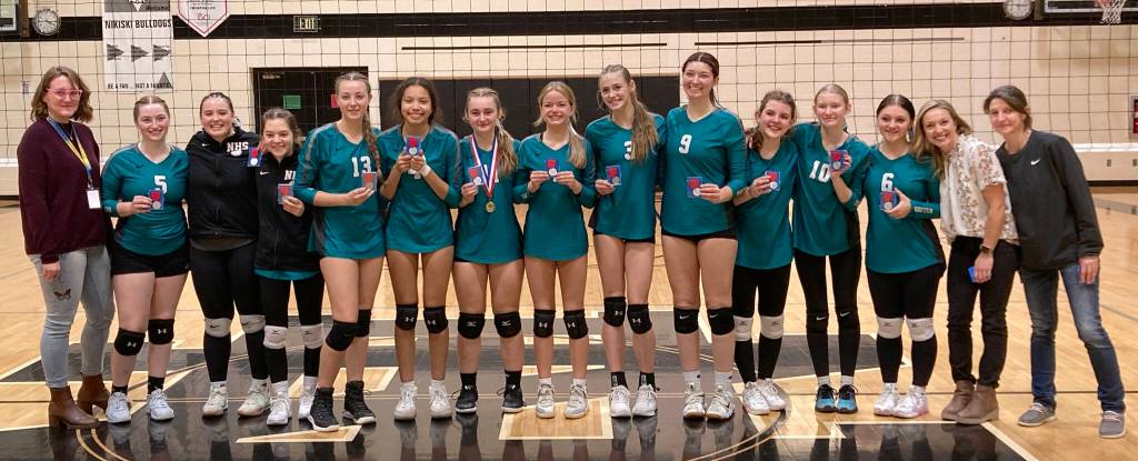 Nikiski took second at the Southcentral Conference volleyball tournament at Nikiski Middle-High School in Nikiski, Alaska, on Saturday, Nov. 9, 2024. (Photo by Jeff Helminiak/Peninsula Clarion)