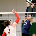 Soldotna senior middle blocker Hallie Fischer reaches for the block during a 3-1 loss to Wasilla in the Northern Lights Conference Championships title match Saturday, Nov. 9, 2024, at Colony High School in Palmer, Alaska. (Photo by Jeremiah Bartz/Frontiersman)