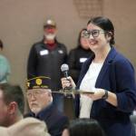 Principal Hannah Dolphin leads a celebration of Veterans Day at Mountain View Elementary School in Kenai, Alaska, on Monday, Nov. 11, 2024. (Jake Dye/Peninsula Clarion)