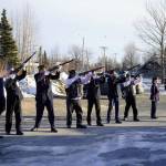 American Legion Post 20 members lead a salute during a Veterans Day ceremony on Monday, Nov. 11, 2024. (Jake Dye/Peninsula Clarion)