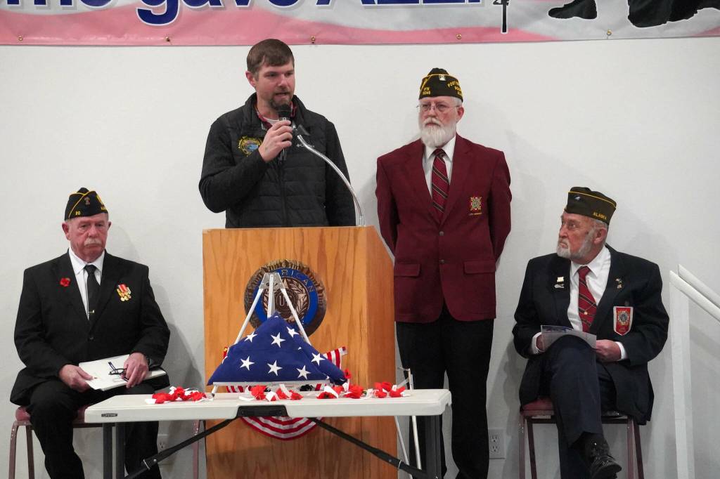 Sen. Jesse Bjorkman, R-Nikiski, speaks during a celebration of Veterans Day at the American Legion Post 20 in Kenai, Alaska, on Monday, Nov. 11, 2024. (Jake Dye/Peninsula Clarion)