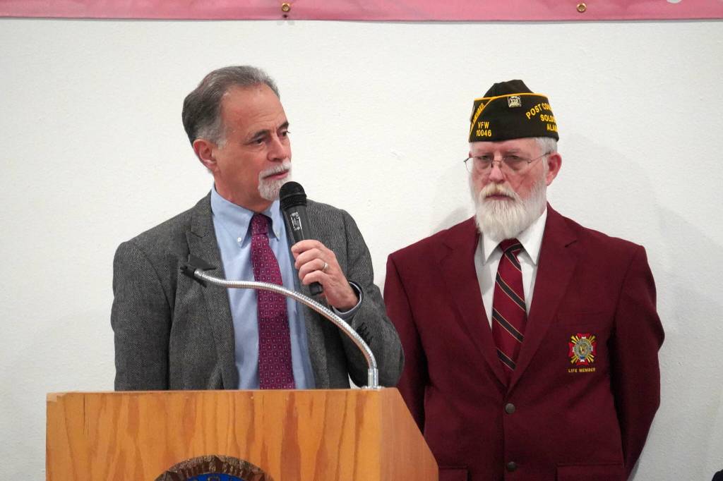 Kenai Peninsula Borough Mayor Peter Micciche speaks during a celebration of Veterans Day at the American Legion Post 20 in Kenai, Alaska, on Monday, Nov. 11, 2024. (Jake Dye/Peninsula Clarion)