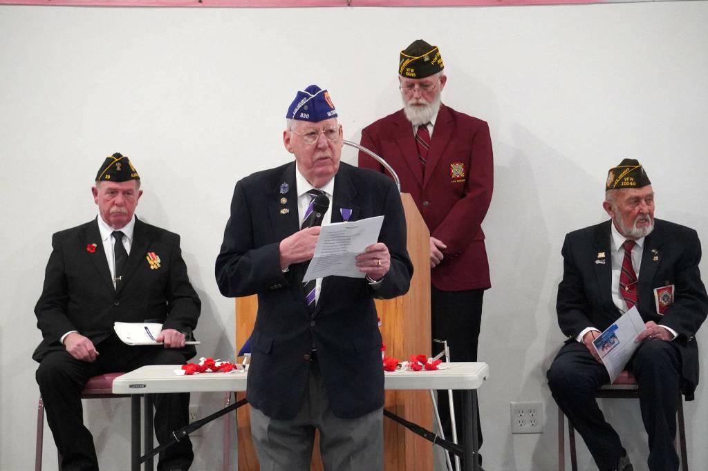 Jim McHale, representing the Military Order of the Purple Heart, speaks during a celebration of Veterans Day at the American Legion Post 20 in Kenai, Alaska, on Monday, Nov. 11, 2024. (Jake Dye/Peninsula Clarion)