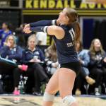 Soldotna senior Sadie Lane grabs the dig during a 3-1 loss to Dimond on the first day of the ASAA/First National Bank 4A State Volleyball Championships on Thursday, Nov. 14, 2024, at the Alaska Airlines Center in Anchorage, Alaska. (Bruce Eggleston/matsusports.net)