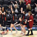Kenai Central players cheer on their team Saturday, Nov. 16, 2024, in the Class 3A state volleyball championship at the Alaska Airlines Center in Anchorage, Alaska. (Photo by Jeff Helminiak/Peninsula Clarion)
