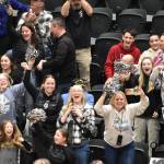 Nikiski fans cheer on their team Saturday, Nov. 16, 2024, in the Class 3A state volleyball championship at the Alaska Airlines Center in Anchorage, Alaska. (Photo by Jeff Helminiak/Peninsula Clarion)