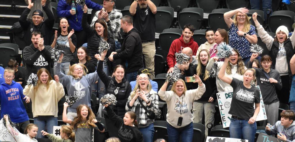Nikiski fans cheer on their team Saturday, Nov. 16, 2024, in the Class 3A state volleyball championship at the Alaska Airlines Center in Anchorage, Alaska. (Photo by Jeff Helminiak/Peninsula Clarion)