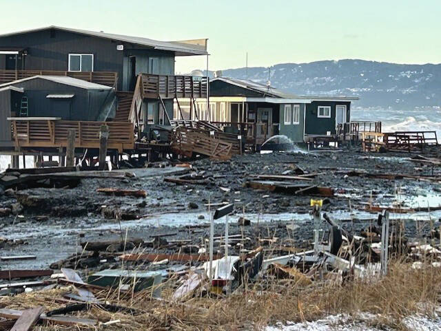 Debris covers the parking lot of the Glacier D restaurant and the Tackle Shack Company on the Homer Spit following a storm event on Saturday, Nov. 16<ins>, 2024, in Homer, Alaska</ins>. Photo by Matt Clarke